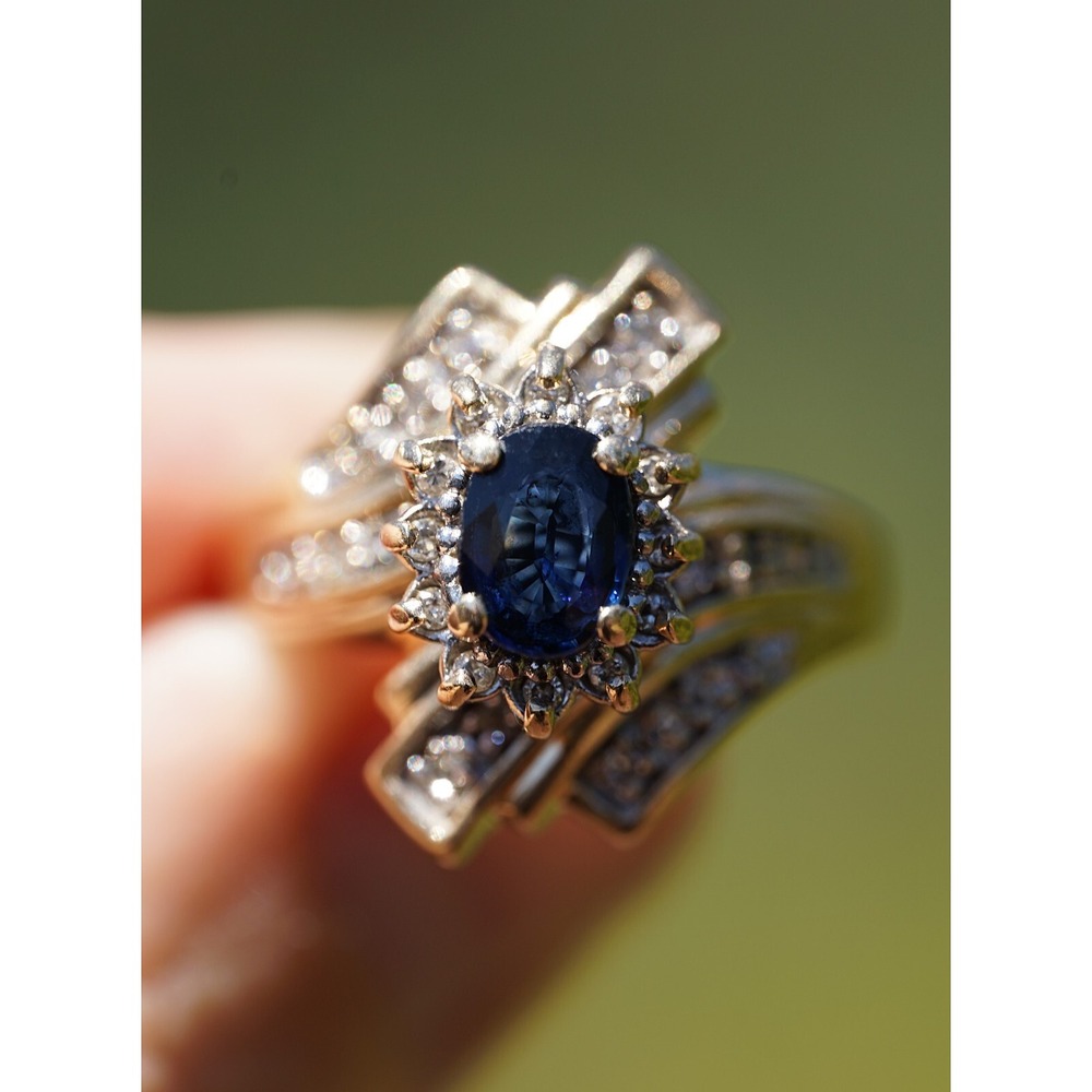 Vintage 14k Solid Yellow Gold‎ Channel Natural Blue Sapphire & Diamond Ring Halo